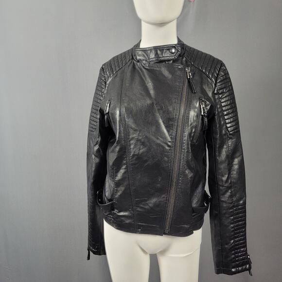 AFTF Basic Black Faux Leather Moto Jacket Quilted Biker Style - Picture 7 of 15